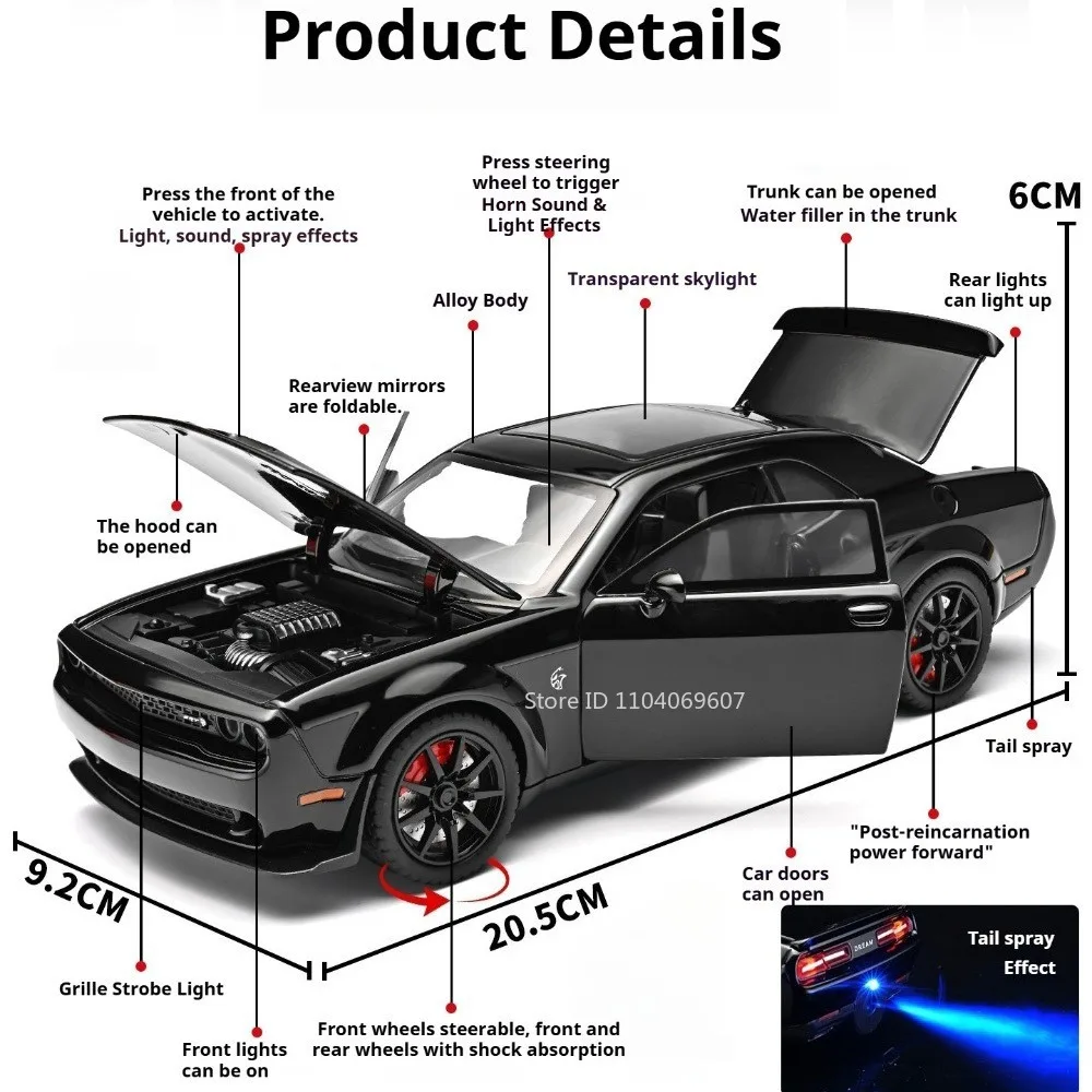 1:24 Hellcat Tourbillon Toy Model Supercars Alloy Diecast Sound Light Doors Opened Front Wheel Steering Sports Car Toys Gifts