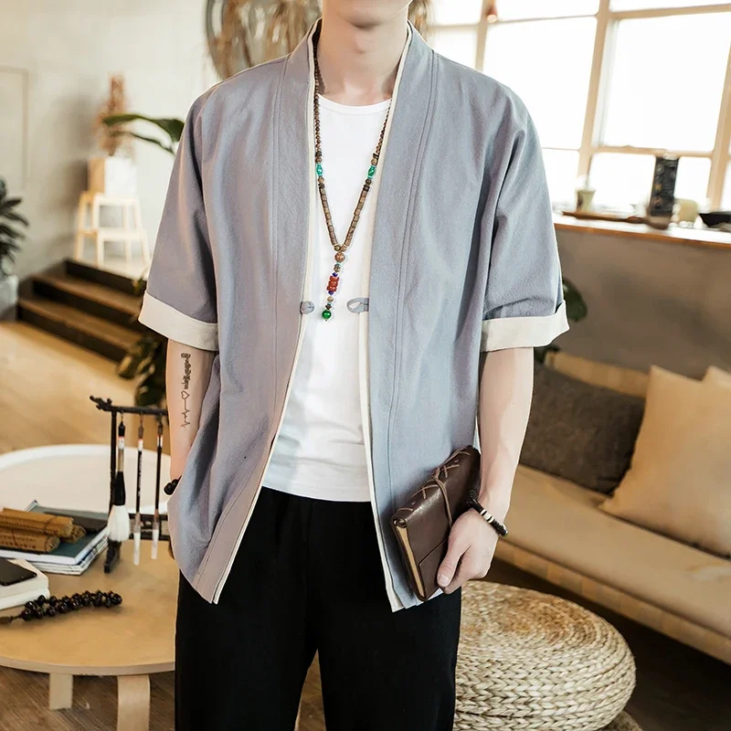 Summer Men's Kimono Jackets Cardigan Lightweight Casual Cotton Blends Linen Seven Sleeves Open Front Hanfu Coat