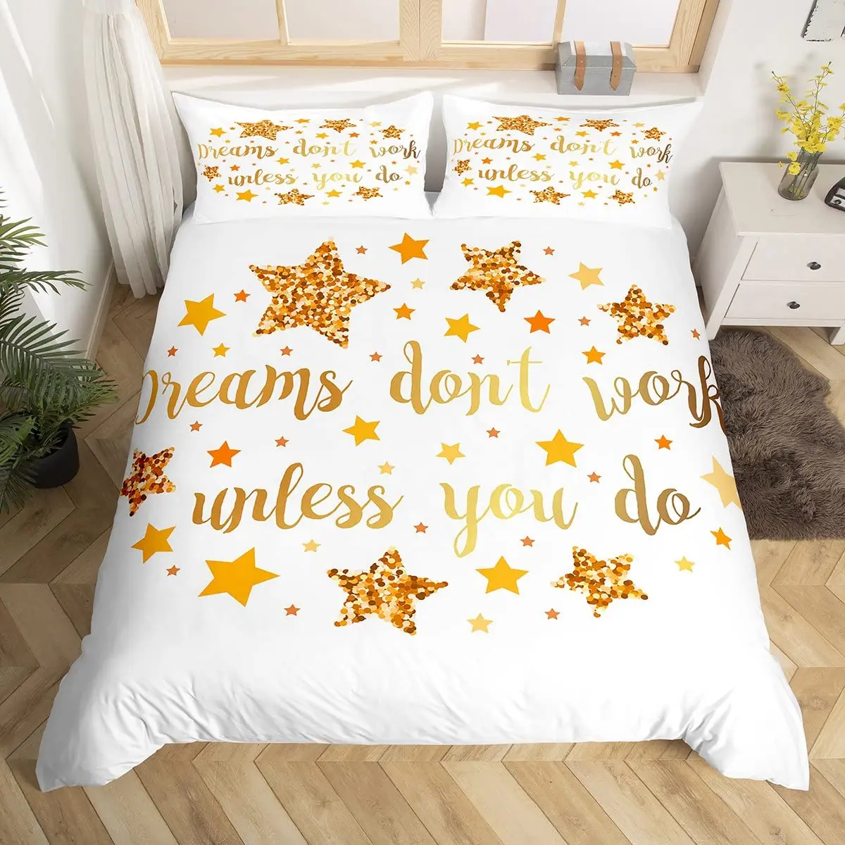 Glitter Golden Stars Duvet Cover Cartoon Dreamy Starry Galaxy Bedding Set for Kids Teens Adults Modern Style Comforter Cover