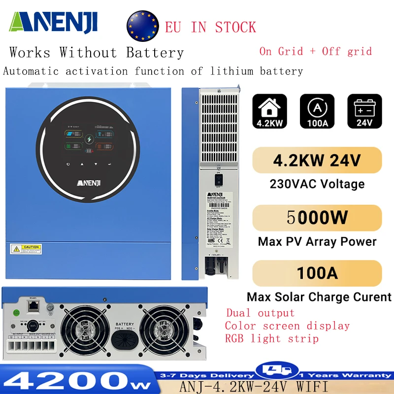 

Новый гибридный солнечный инвертор мощностью 4,2 кВт, 24 В, двойной выход, чистая синусоида, 230 В переменного тока, цветной дисплей, 100 А, солнечное зарядное устройство PV 500 В, WIFI