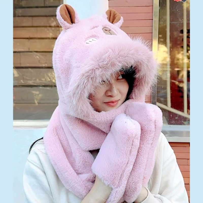 Bear Ear Plush Scarf Gloves Hat for Cold Weather Earflap Hat for Student Girl Outdoor Winter Activity Ear Protective Dropship image 4