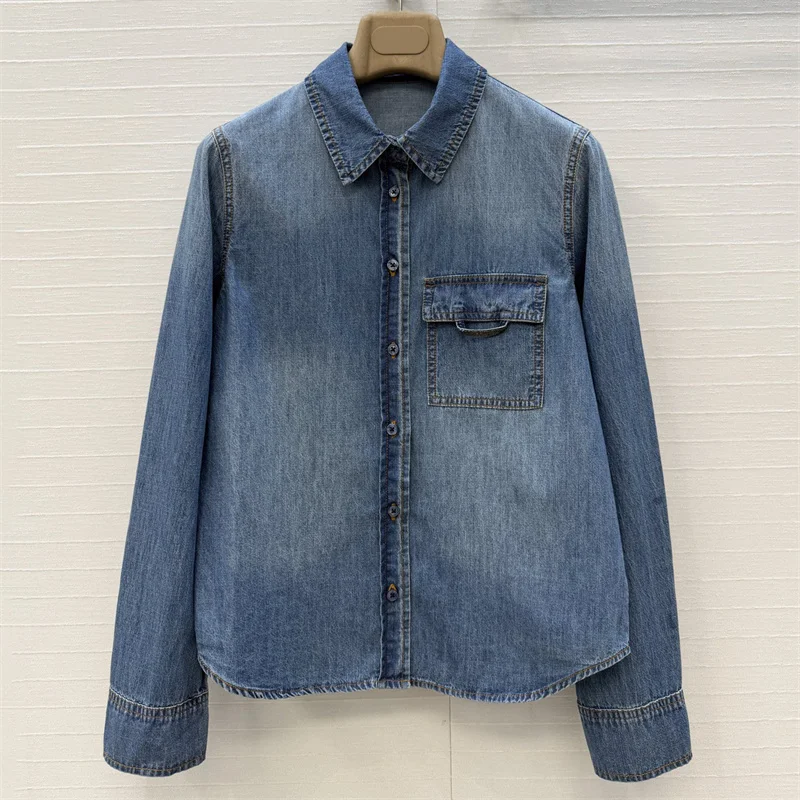 

Women's shirt 2026 summer new single breasted slim fit women's long sleeved top Retro pure cotton denim shirt y2k Women's blouse