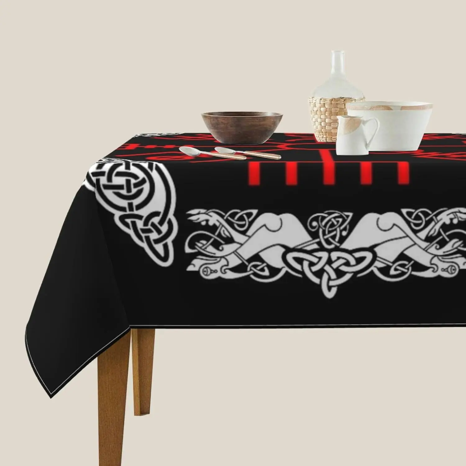 Vikings Norse Pagan Symbols Rectangle Tablecloth Holiday Party Decor Washable Black Geometric Table Cloths Kitchen Table Decor
