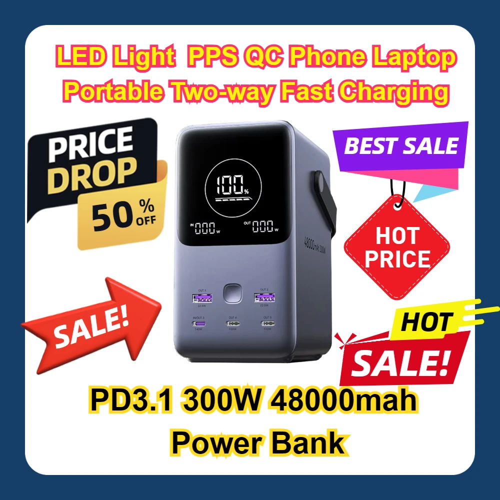 

OLED Display Screen Li-rion Battery LED Light PPS QC Phone Laptop Portable Two-way Fast Charging PD3.1 300W 48000mah Power Bank