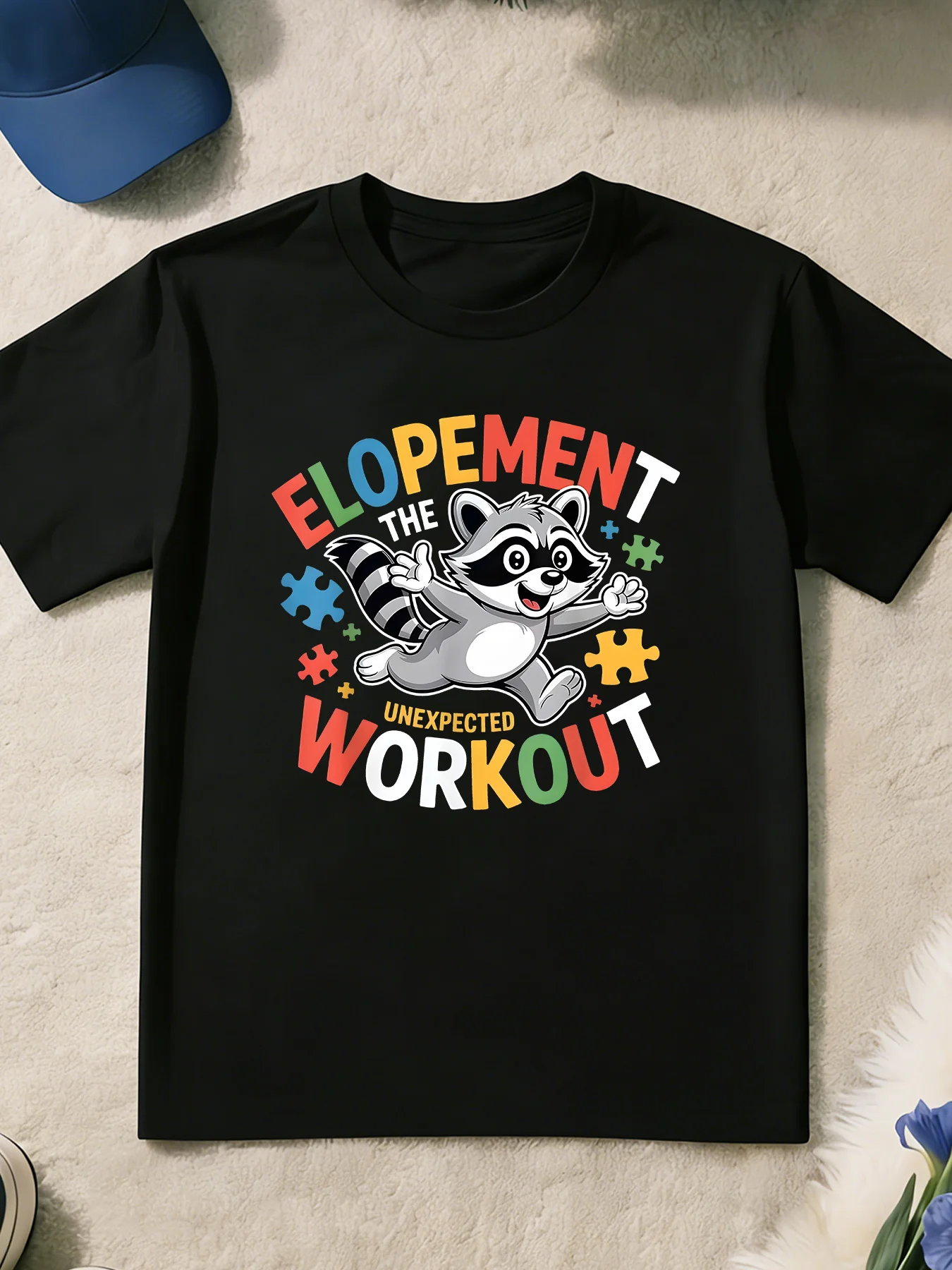 Autism Raccoon Print Autism Care Special Education Teacher Design T-shirt Round Neck Top Machine Washable Holiday Party Dressing