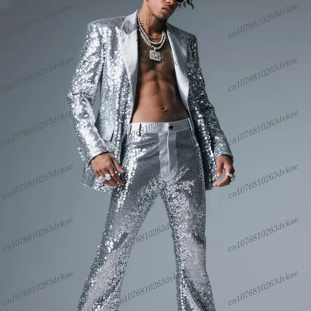 Shiny Silver Sequin Men Suit Party Prom Special Occasions Business Groom Groomsman Wedding Male Tuxedos 2 Piece Set Blazer Pants