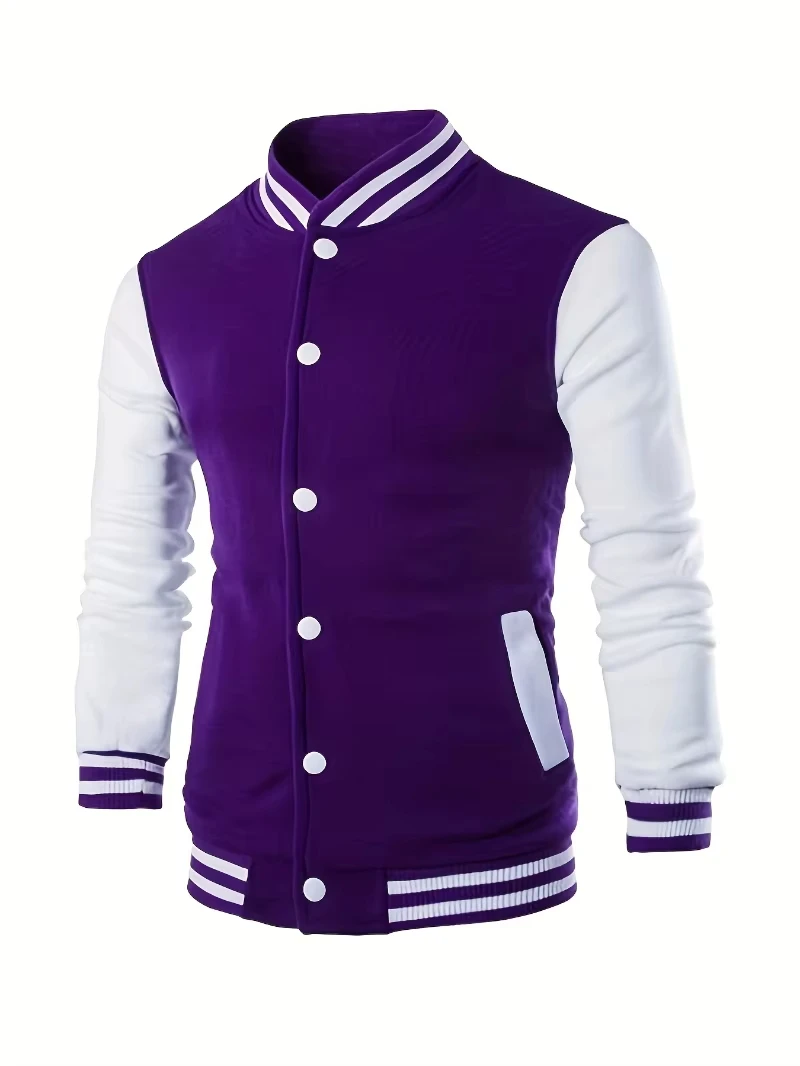 Men's Casual Baseball Jacket - Contrast Cuff Design, Baseball Collar and Shoulder Shape, All Seasons, Everyday Wear