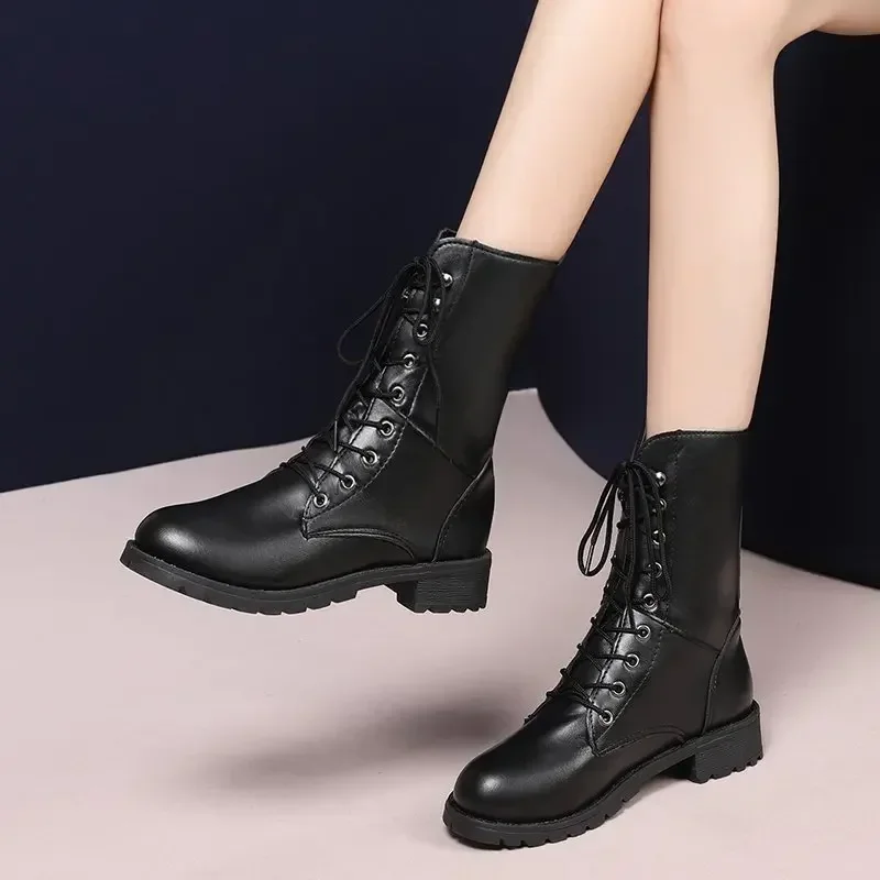 

Women's Spring Motorcycle Boots Wear-resistant Anti-slip Round Head Keep Warm Women Shoes Front Lacing Retro Outdoor Botas Mujer