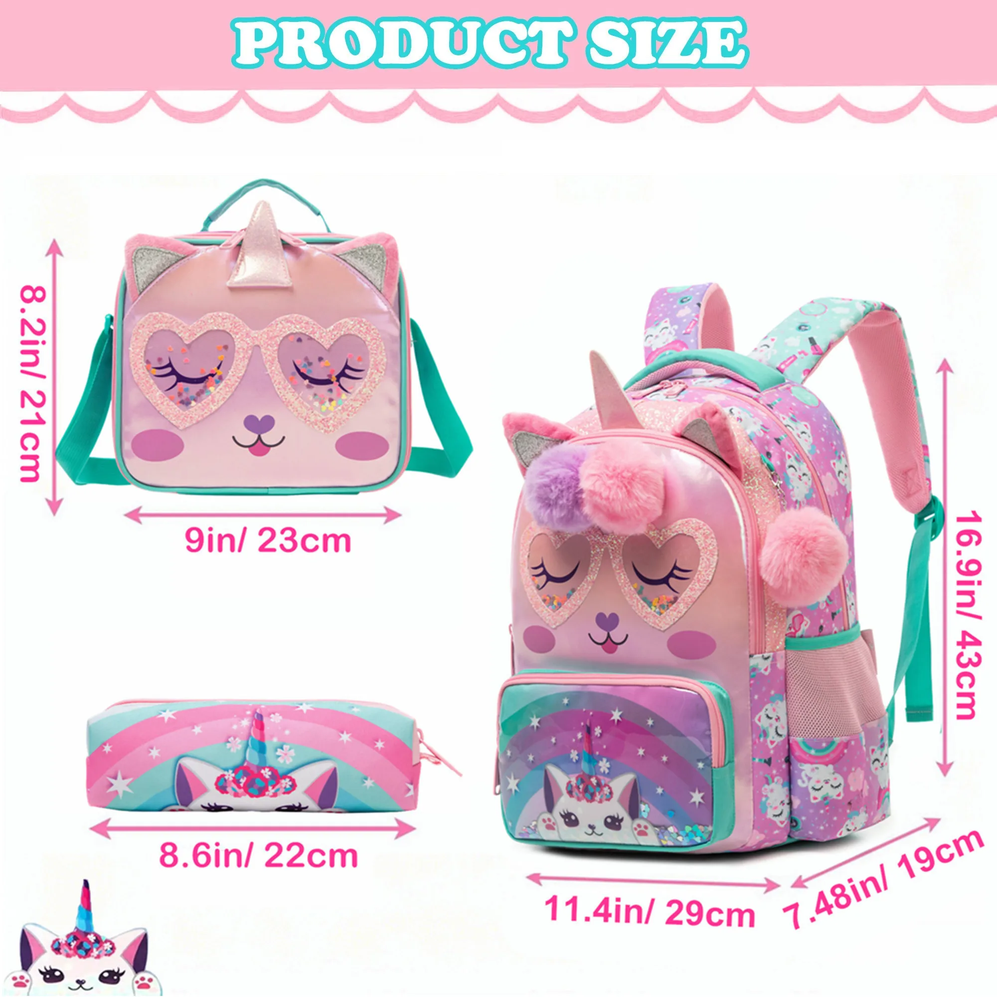 Girls Backpack Set with Insulated Lunch Tote Lightweight Bookbag Daypack for Elementary School Bags for Kids Back to School Gift