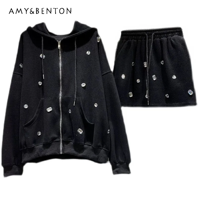 

Autumn New Street Casual Thickening Particle Gem Buckle Coat Sweatshirt Skirt Two Pieces Outfit Sets For Women Elegant 2023 Fall