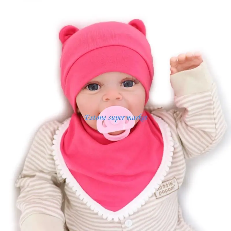 

090B 2Pcs/Set Baby Soft Cotton Tire Hat Feeding Drool Bib Set Newborn Infant Solid Color Warm Cap Saliva Towel Ears Beanie Scarf