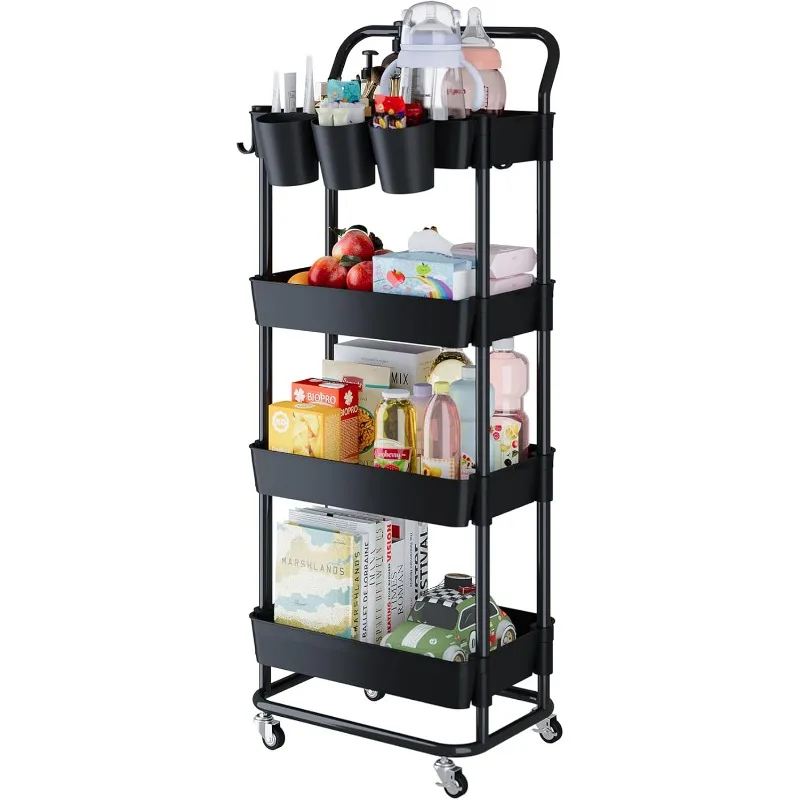 Rolling Utility Cart, Storage Cart with Handle Multi-Purpose and Locking Wheels,with Hanging Basket.