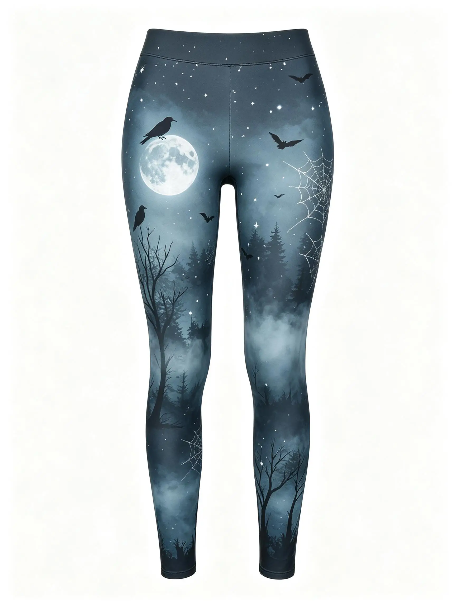 Women Mid Waist Fleece Lined Leggings Halloween Full Moon Dead Tree Crow Spider Web Print Slim Stretch Pants