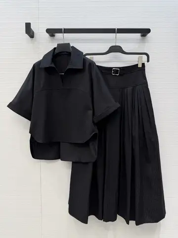 2026ss summer luxury new women's cotton short sleeve shirt blouse with midi skirt ladies chic fashion suits 3 color tlcai 3.01