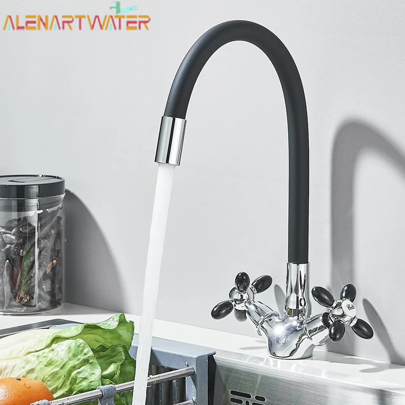 Grifo de fregadero de cocina de cuello Flexible, Caño Negro cromado Universal, mezclador de cocina frío y caliente, grifo de doble manija, grifo montado en cubierta