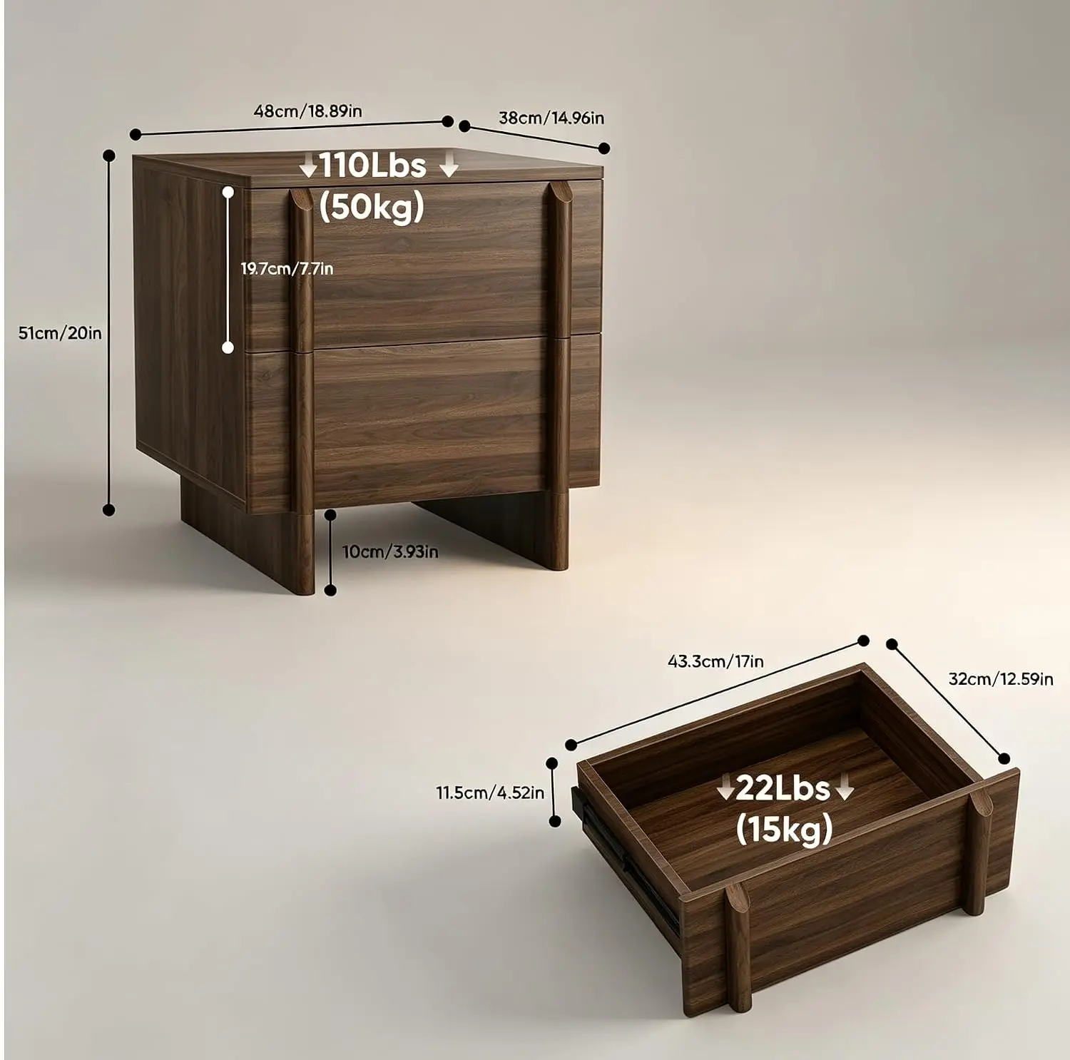Mid-Century Nightstand 2 Drawers Walnut Bedside Table Wooden Handles Floor Legs Side Table Bedroom Living Room, Customized
