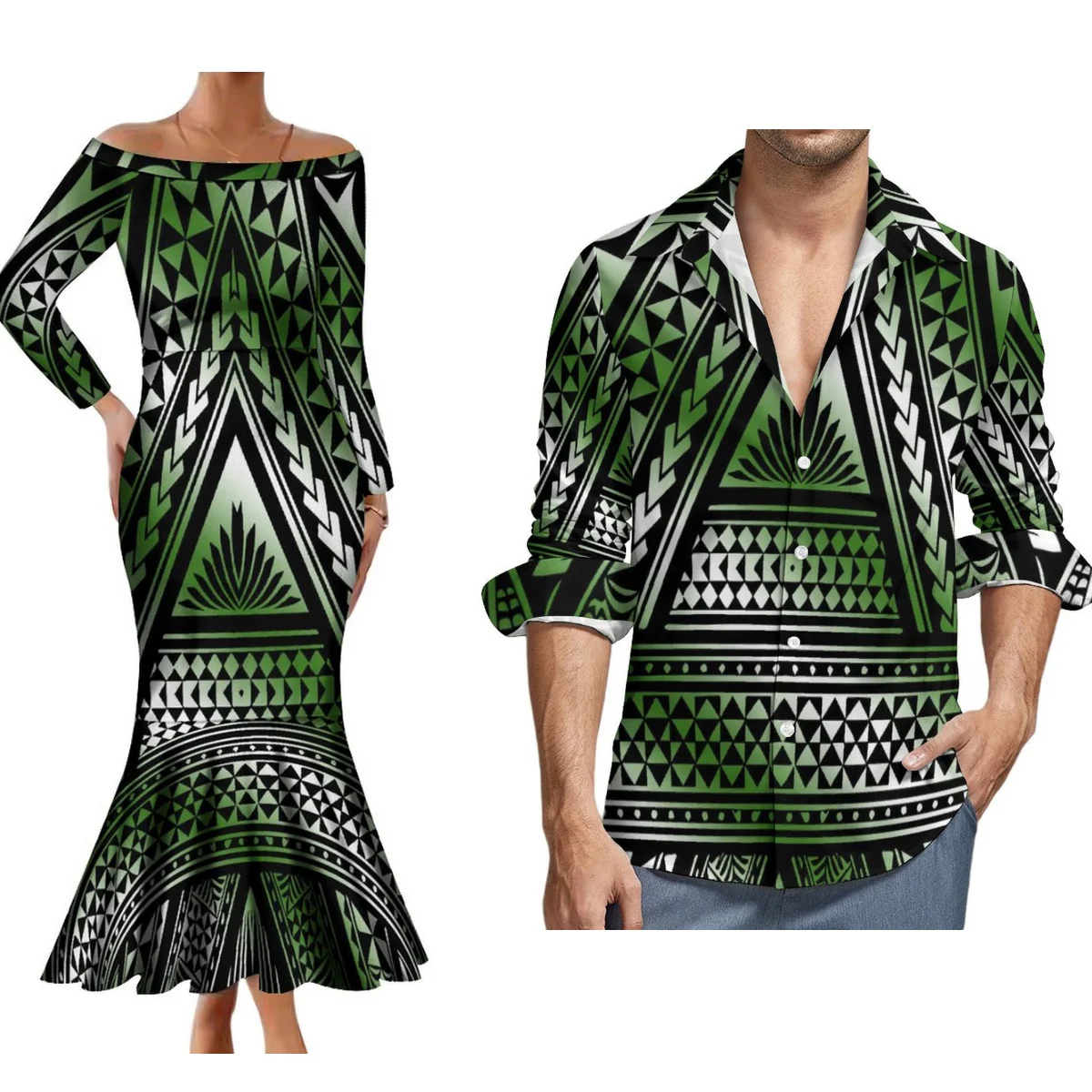 2024 Polynesian Tribal Couple Set Women\'S One-Shoulder Plus Size Long-Sleeved Dress And Hawaiian Beach Party Men\'S Shirt