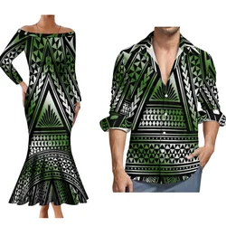 2024 Polynesian Tribal Couple Set Women'S One-Shoulder Plus Size Long-Sleeved Dress And Hawaiian Beach Party Men'S Shirt