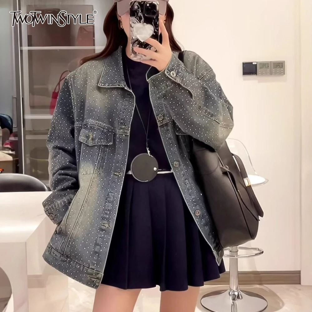 

TWOTWINSTYLE однотонная базовая куртка со сращенными бриллиантами, женская свободная уличная одежда с лацканами и длинными рукавами, женские куртки, летняя новая мода