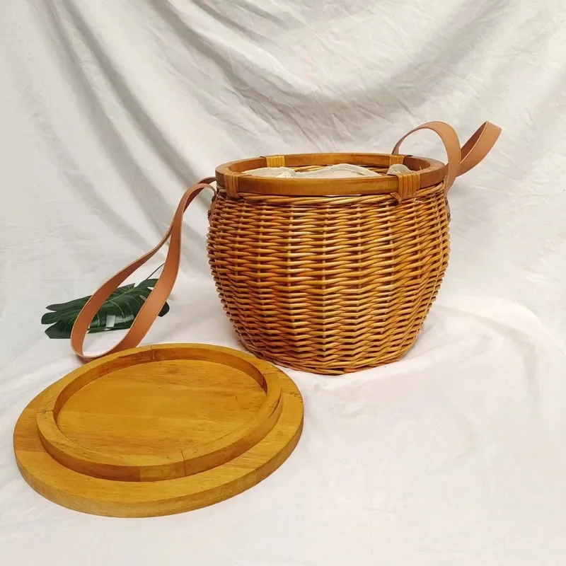 Large Capacity Rattan Picnic Basket Portable Outdoor Camping Storage Box Wicker Handle Travel Lunch Container For Family