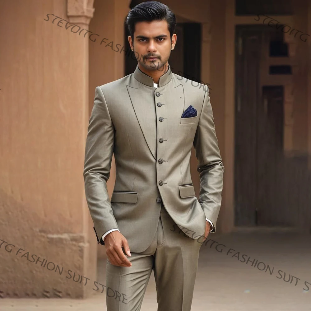 Khaki Mandarin Collar Men's Suits and Separates Slim Fit 2Pieces Jacket+Pants Set Band Collar Blazer for Wedding & Formal Party