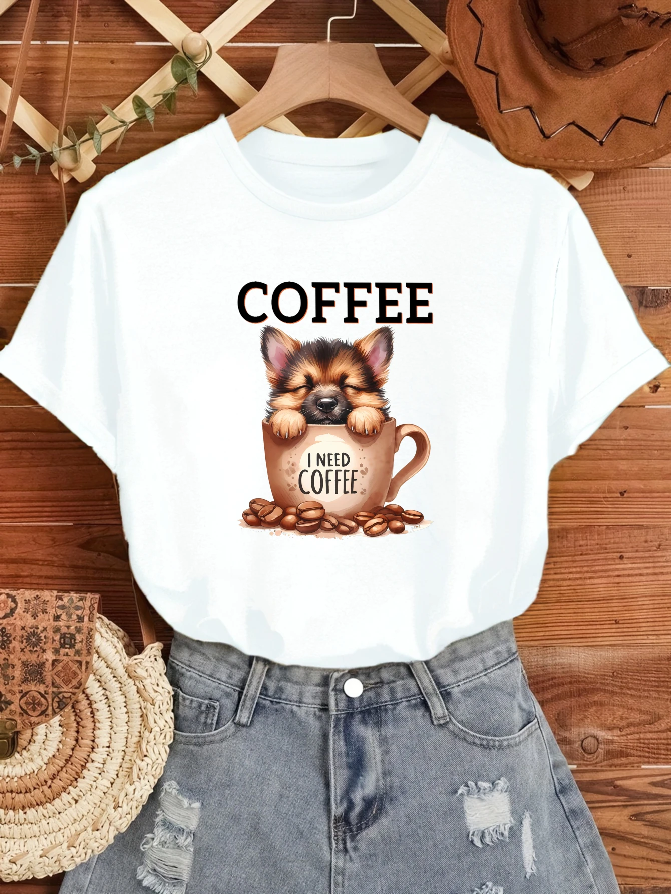 

Women's T-shirts Chinese style graphic t shirts Christmas Casual 100% cotton Coffee I Need Coffee printed tee Printed t shirt