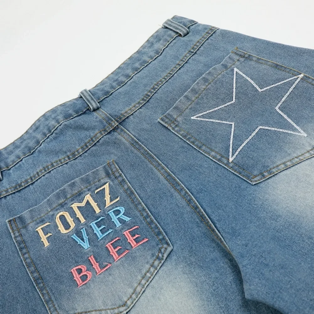 ฤดูใบไม้ร่วงฤดูหนาวเย็บปักถักร้อย Pentagram Distressed Bleach หลวมผู้หญิงล้าง Cargo กางเกงยีนส์กางเกงกางเกงผู้หญิงผู้ชาย Streetwear