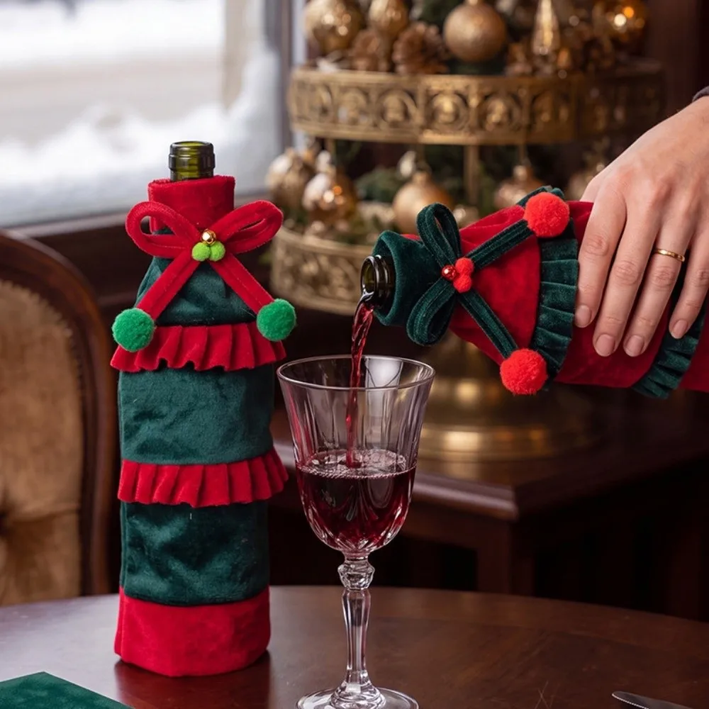 Bow Ruffled Christmas Velvet Bottle Cover 30cm 11.81in Bowknot Wine Bottle Cover Velvet Elegant Holiday Decoration Gift