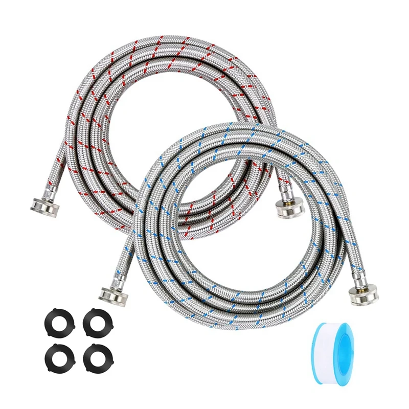 

Hot And Cold Washing Machine Connection Kit - 2 Stainless Steel Braided Hoses, 3/4 Inch Interface, 6 Feet