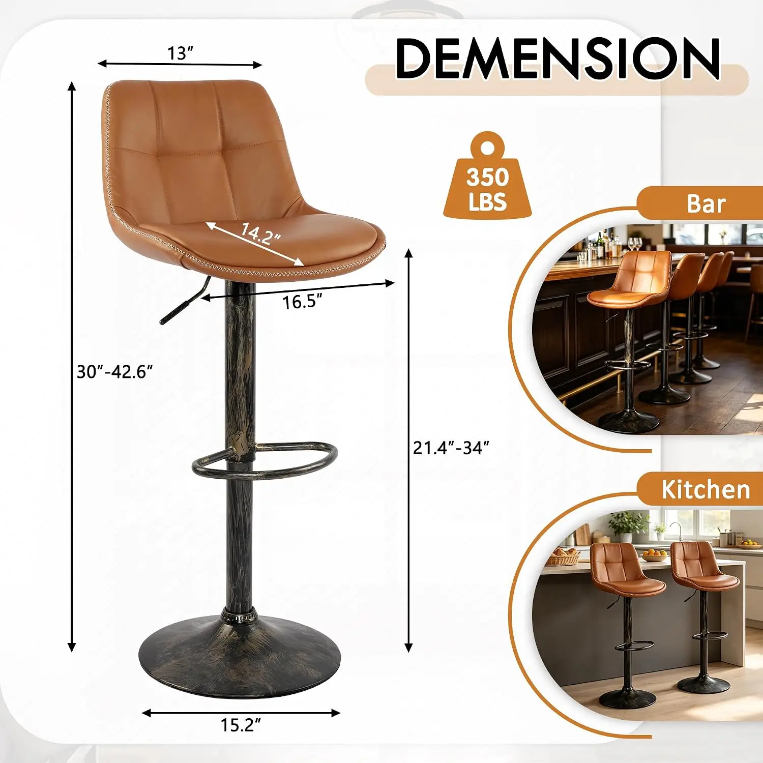 Adjustable Bar Stools 2pcs, 360° Swivel Counter Height PU Leather Stools with Backrest & Footrest, Brushed Metal Base Customized