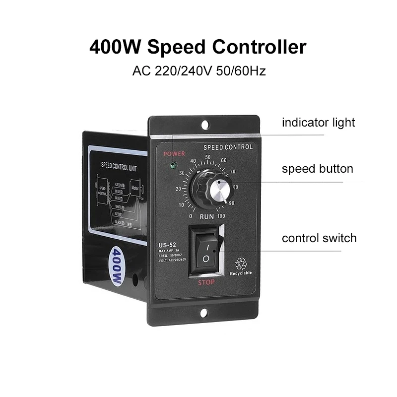 1Pcs 400W Motor Speed Controller AC 220V Motor Speed Pinpoint Regulator Controller Forward and Backward Motor Governor Controlle