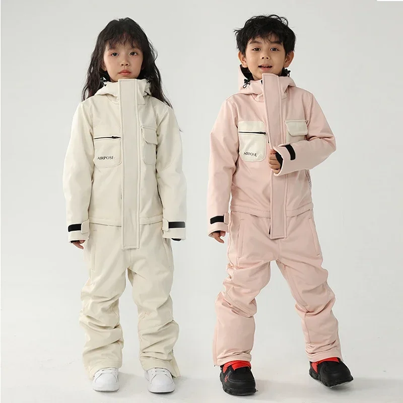 Winter Warm Kids Skiing Set One-Piece Girls Jumpsuit Boys Overalls 2024 New Children Ski Suit Windproof Waterproof Snow Clothing