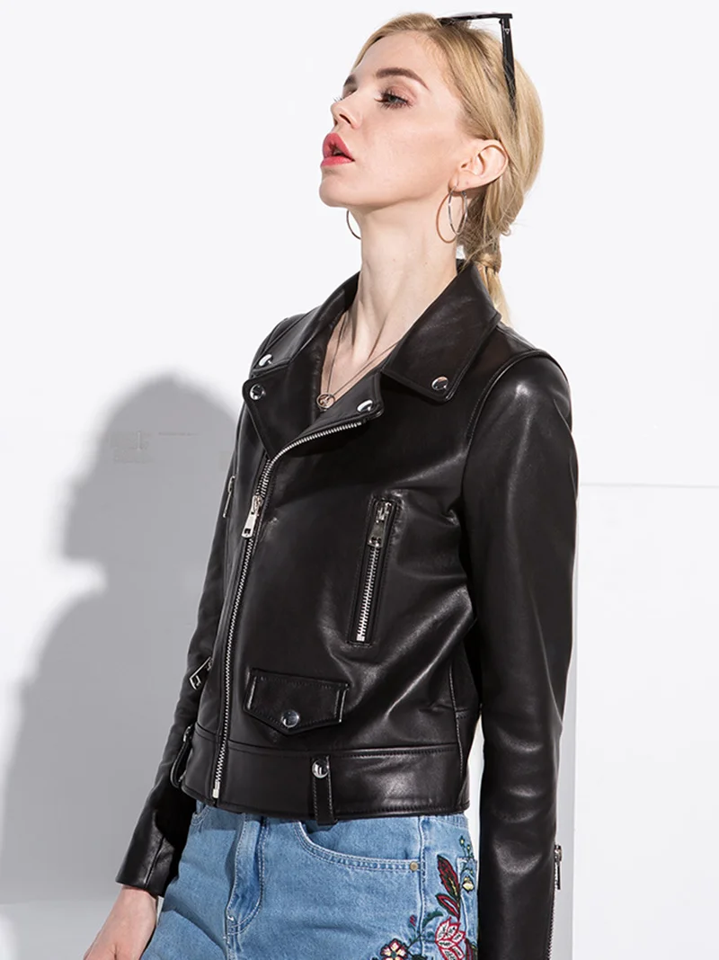 100% Real Sheepskin Female Motorcycle Leather Jackets 2023 New Genuine Leather Jacket Women Short Slim Coats Jaqueta De Couro