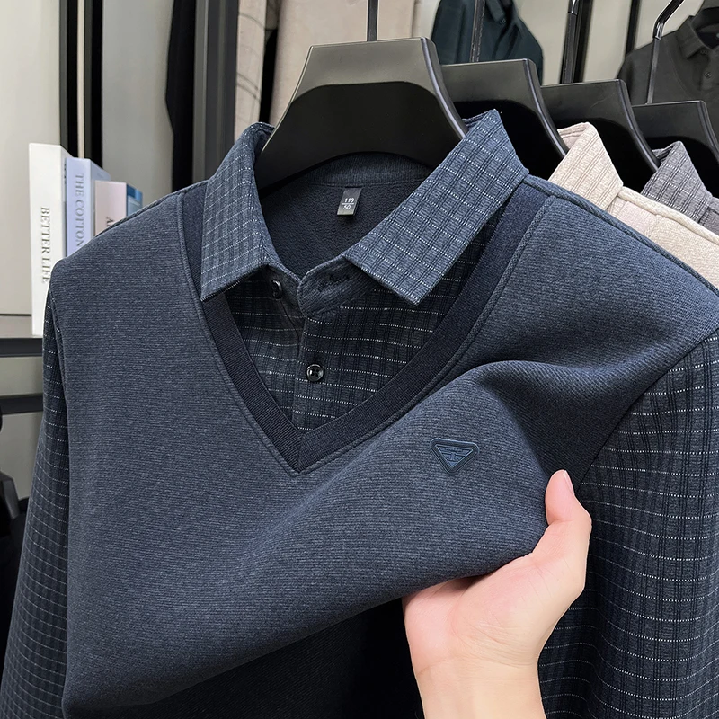 men's autumn winter high quality fleece-lined long sleeves pullover round neck keep warm false two-piece leisure men's clothing