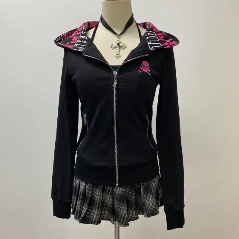 Sudadera con capucha negra para Mujer, Ropa con estampado de calavera y letras, abrigo Y2k con cremallera, sudaderas japonesas Harajuku, chaqueta, Tops, Ropa para Mujer