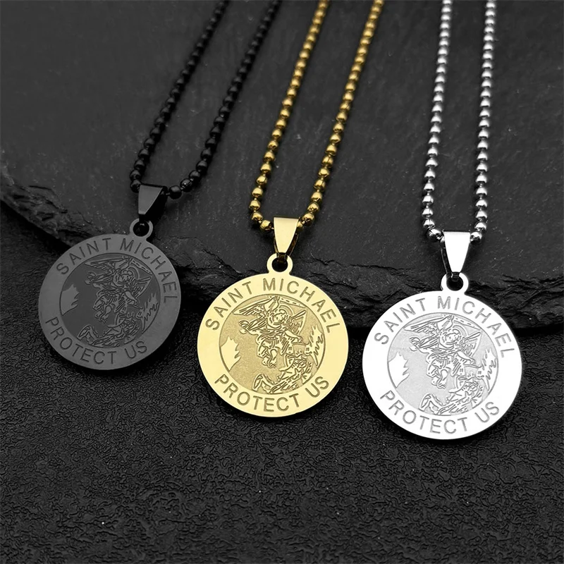 SAINT MICHAEL PROTECT US Archangel Stainless Steel Round Medal Car Pendant for Women Men Gold Color Religious Jewelry Ornaments