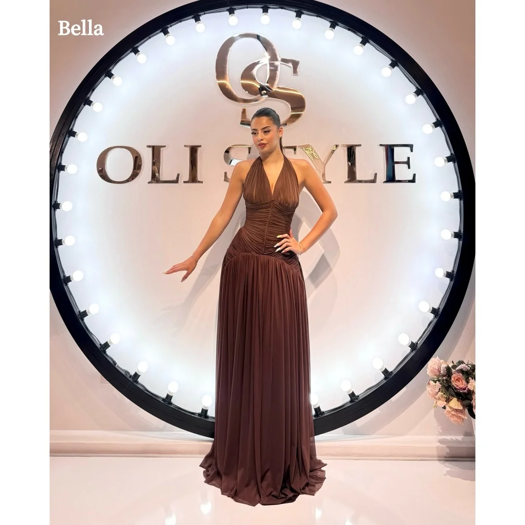 

Bella Customized Chocolate Brown Halter Prom Dress Ruched Chiffon A Line Floor Length Party Dresses Elegant robes de soirée 2025