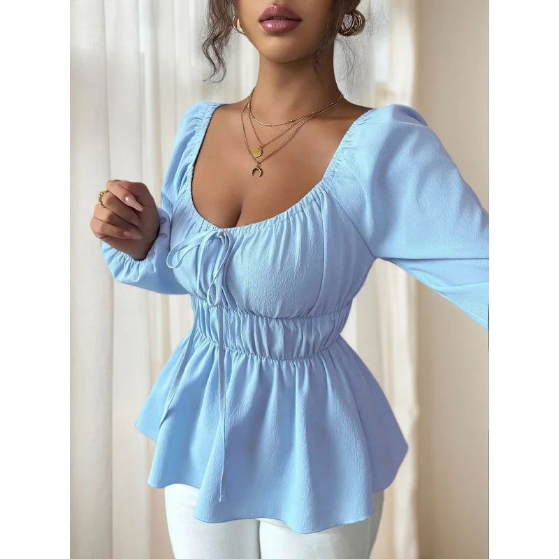 

YQ1-Light Blue Square Neck Autumn Winter New Drawstring Slim Fit Short Long Sleeve Ruffle Hem Design Top for Women