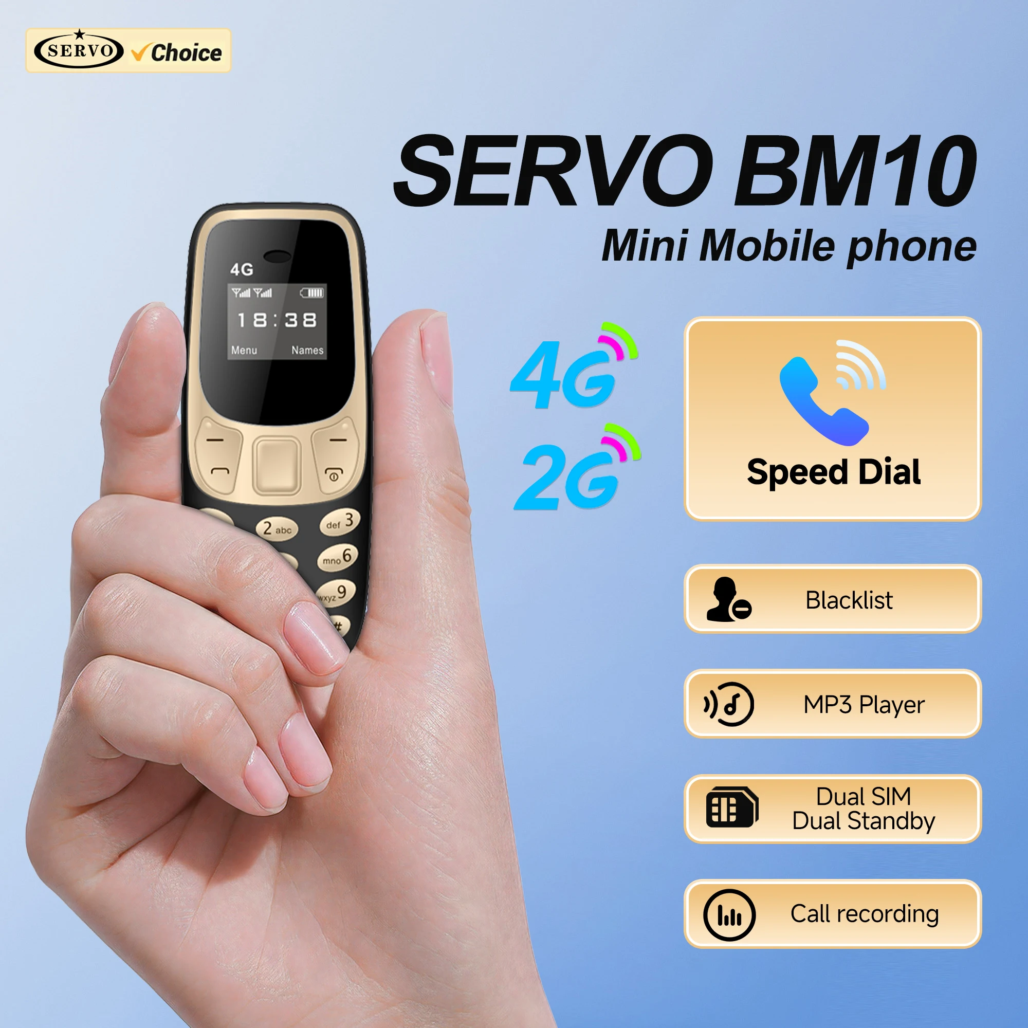 SERVO BM10 Mini Mobile Phone 2G GSM/4G LTE Speed Dial Call Recording MP3 Player Blacklist Dual SIM Standby Smallest Cellphones