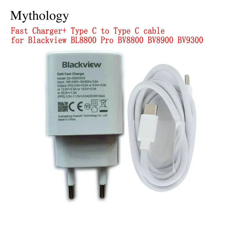 Szybkie ładowanie dla Blackview BL8800 Pro BV8800 BV8900 BV9300 Oryginalna wtyczka UE Podróżny zasilacz 33W Kabel typu C do typu C