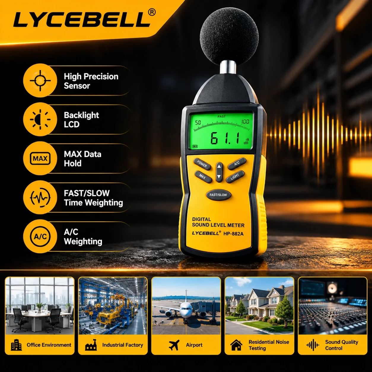 Industrial Sound Level Meter 30-130dB A/C FAST/SLOW MAX Data Hold Backlight Noise Tester HoldPeak 882A