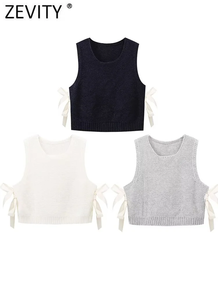 Zevity New Women Fashion Sleeveless Side Bow Tied Design Short Knitting Vest Sweater Female Chic Waistcoat Pullovers Tops SW6301