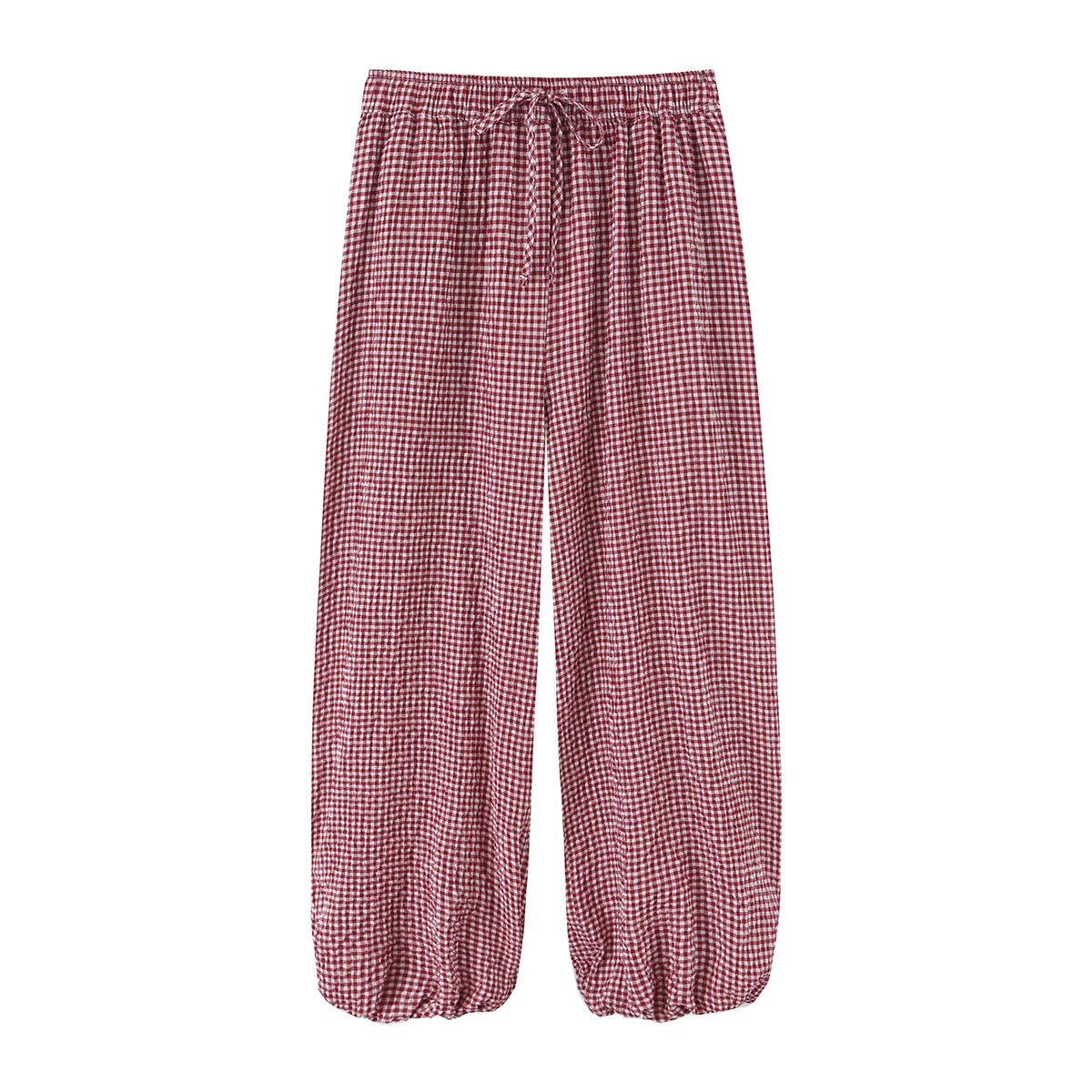 KONDALA Damen Lässige Schicke Rote Karierte Laternenhose 2026 Sommer Trendige Street-Style Urlaubshose mit Kordelzug Elegante Damen-Bloomers – Detail 2