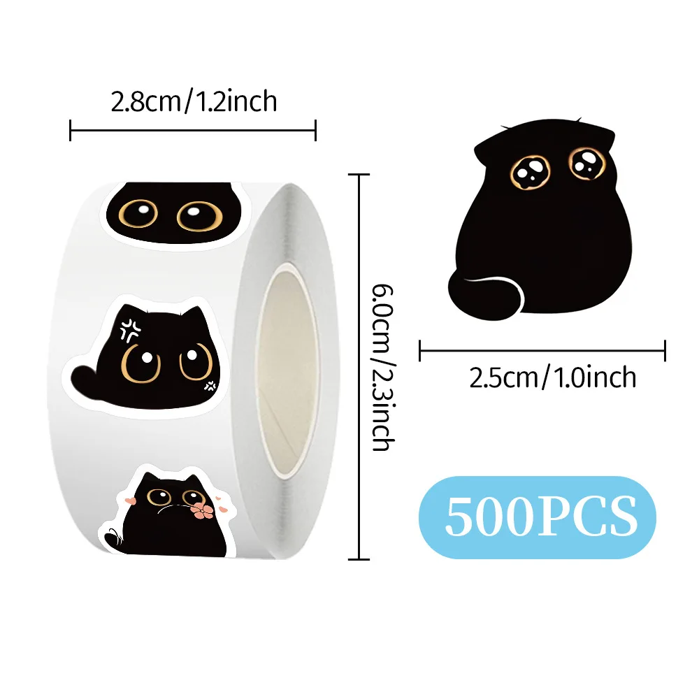 500 pçs/rolo bonito gato preto rolo adesivo dos desenhos animados engraçado gatinho graffiti decalque à prova dwaterproof água crianças brinquedo presente para guarda-roupa mesa diário