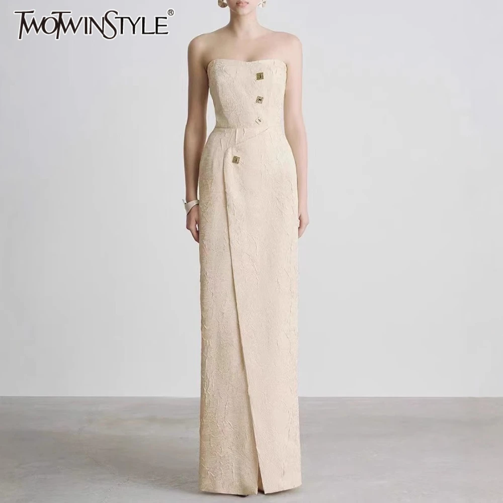

TWOTWINSTYLE Solid Temperament Slimming Dresses for Women Strapless Sleeveless Patchwork Decoration Split Elegant Dress Female