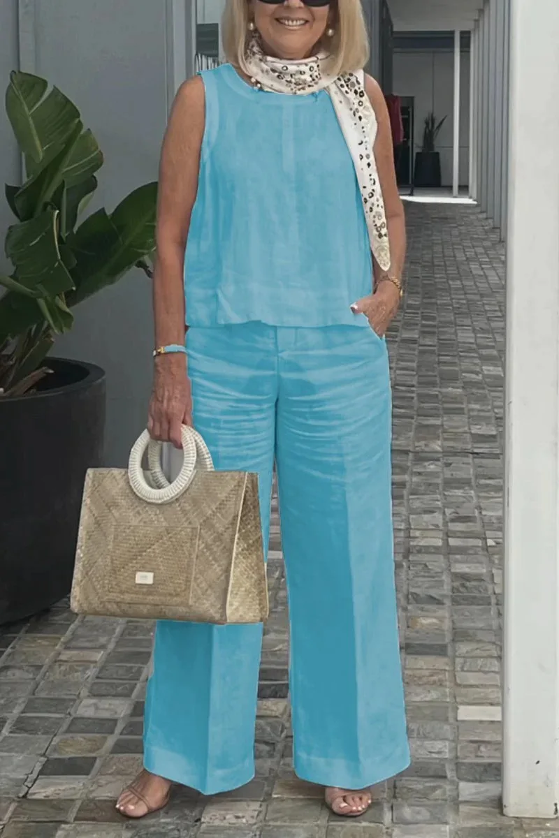 Conjunto de pantalón largo sin mangas para mujer, Camiseta holgada y elegante de 2 piezas, Color liso, verano, 2024