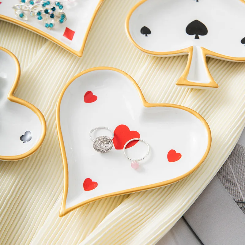 Poker Ceramic Ring Dish, Jewelry Tray & Fruit Plate, Card Suit Decor Storage Ornament for Bathroom Vanity view 2