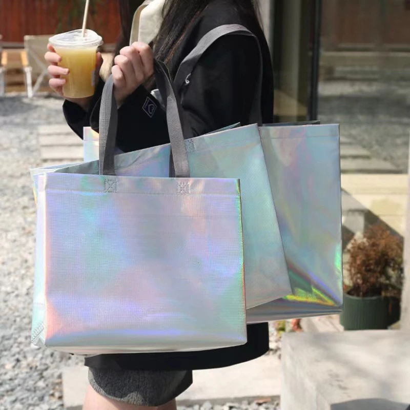 StoBag 10pcs Laser Non-woven Shopping Tote Shoulder Bag Sliver Eco Large Reusable Gift Storage Pouches Custom Logo(Extra Fee)