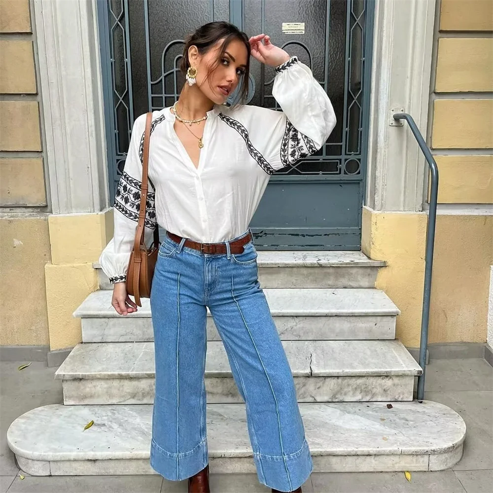 2024 European and American Vacation Style Spring and Summer V Neck Contrasting Print Top Versatile Casual Shirt Cover Up