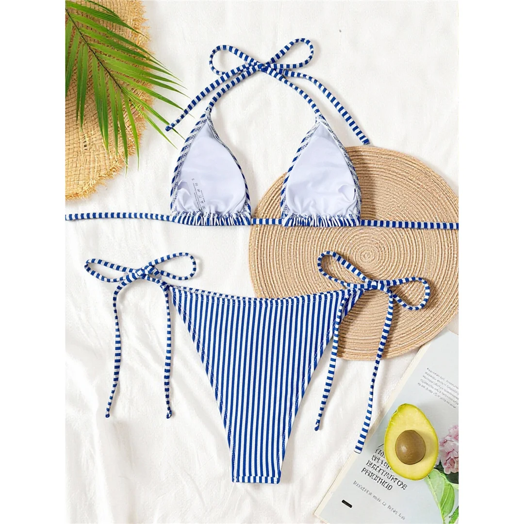 S - XL Gestreifter Neckholder-Bikini, Damen-Badeanzug, zweiteiliges Bikini-Set, hoch geschnittene Beine, Badebekleidung, Badeanzug, Schwimmbekleidung V8527 – Detail 22